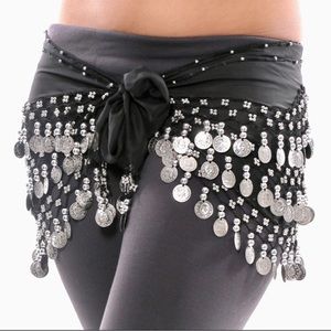 WOMAN’S (NWT) BLACK CHIFFON BELLY DANCE SCARF WITH BEADS AND FAUX SILVER COINS